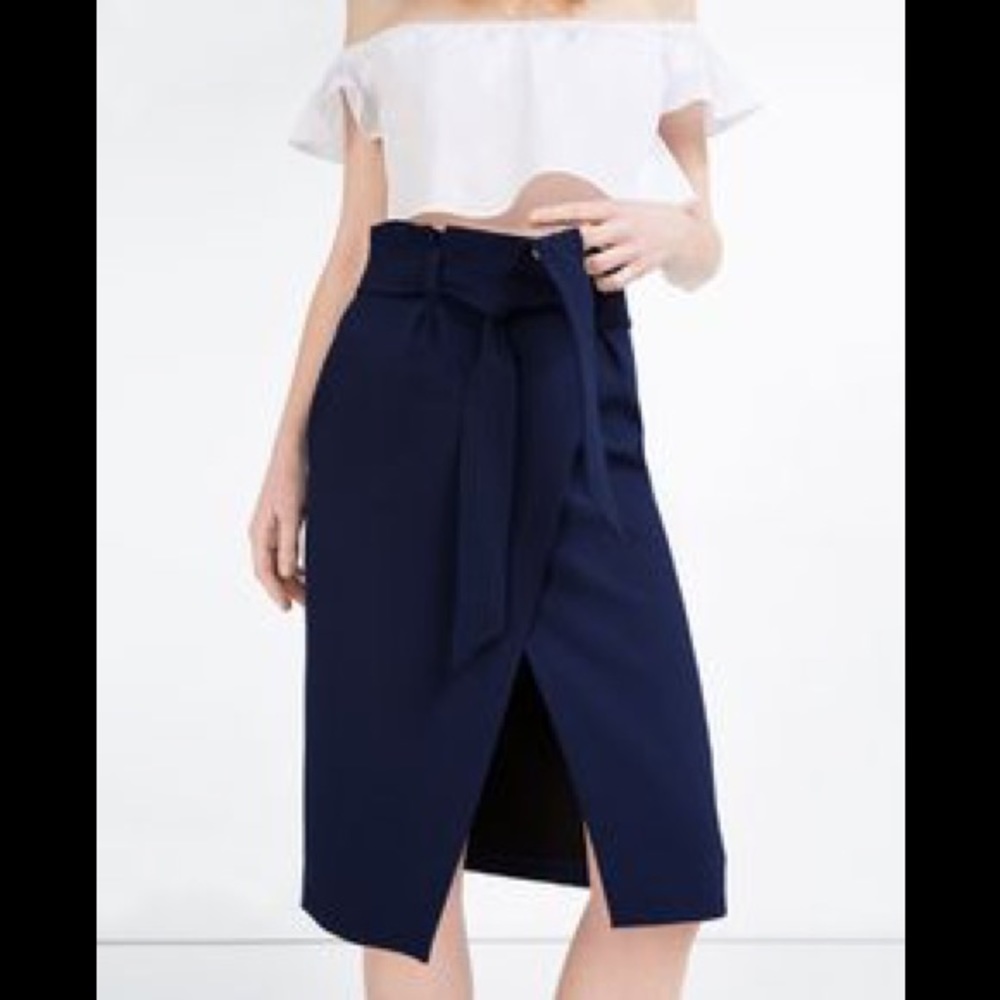 Navy pencil skirt with belt